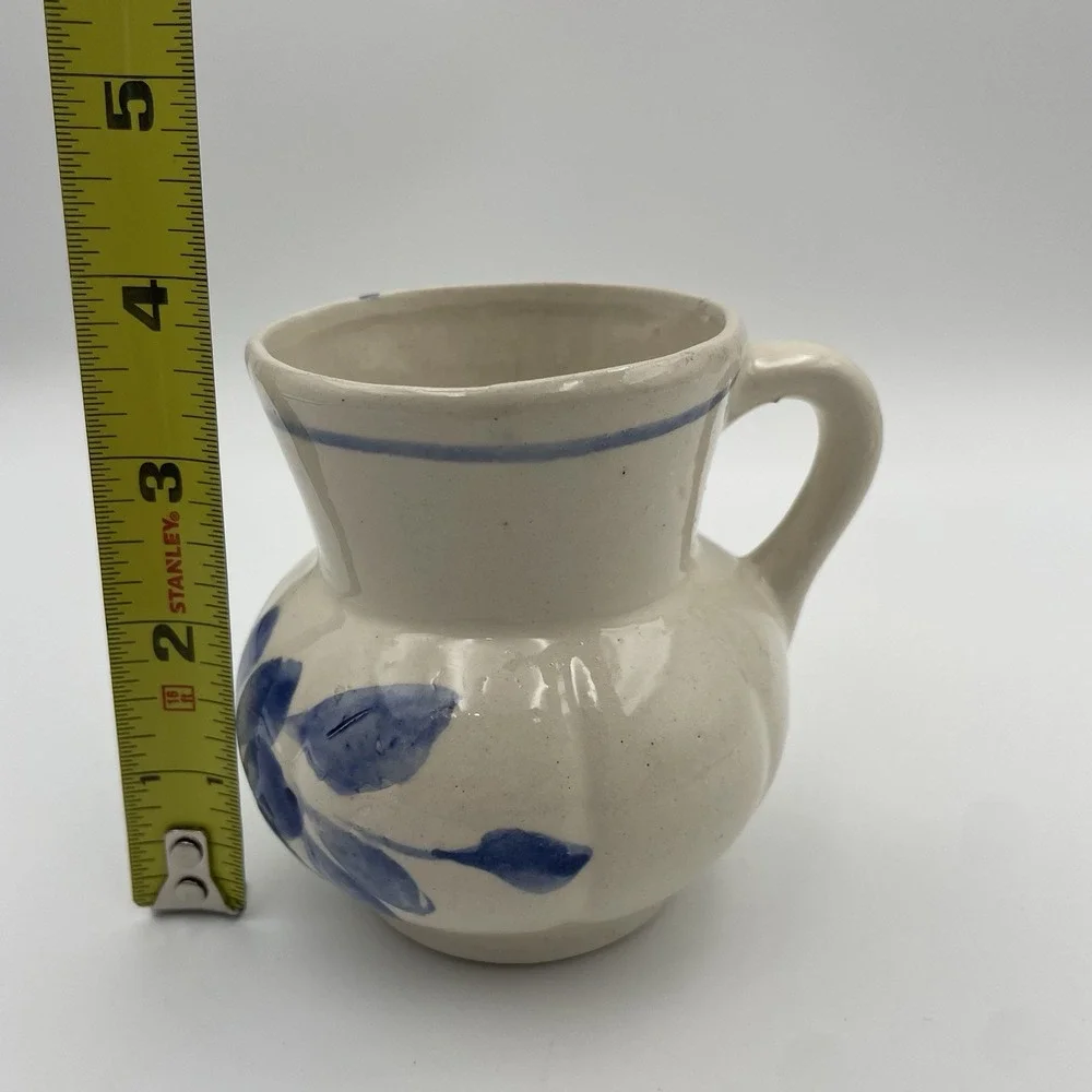 Blue & White Stoneware Mug/Vase- Blue Floral On Cream Mug Unmarked Vintage 10 Oz